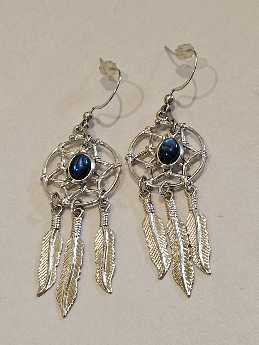 VTG Wheeler USA Dreamcatcher Feather Dangle Earrings Blue Paua Shell